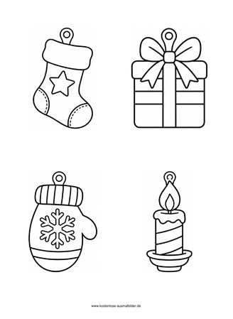 Ausmalbild Weihnachtsanhänger mit Strumpf und Handschuh
