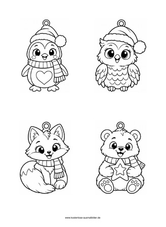 Ausmalbild Weihnachtsanhänger mit Wintertieren