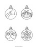 Ausmalbild Christbaumkugeln mit Sternschnuppe und Geschenken