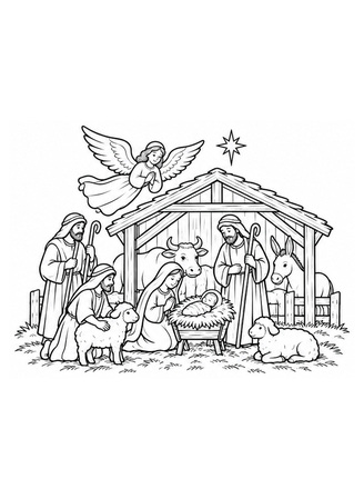Ausmalbild Grosse Weihnachtskrippe mit vielen Figuren