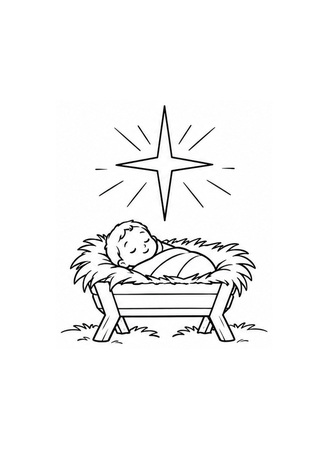 Ausmalbild Jesuskind in der Krippe mit Stern