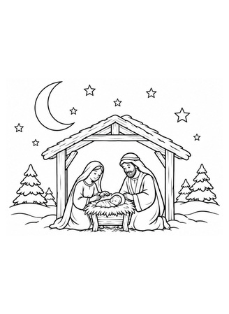 Ausmalbild Weihnachtskrippe in der Winternacht