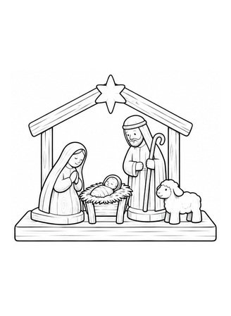 Ausmalbild Weihnachtskrippe mit Holzfiguren