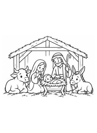 Ausmalbild Weihnachtskrippe mit Ochse und Esel
