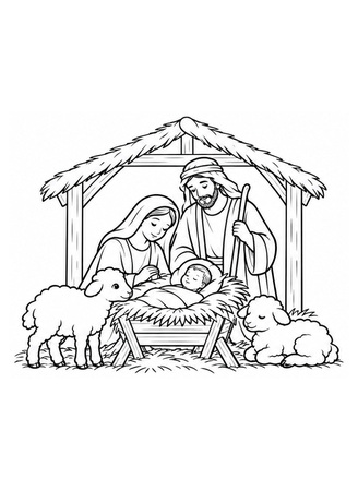 Ausmalbild Weihnachtskrippe mit Schafen