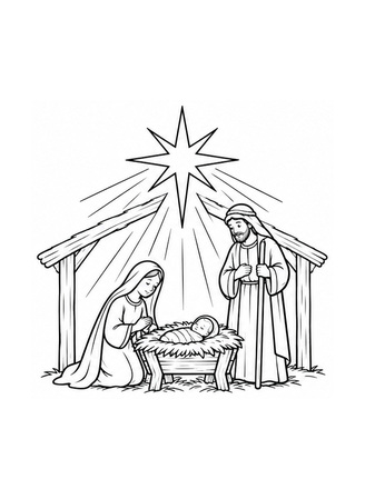 Ausmalbild Weihnachtskrippe unter dem Stern von Bethlehem