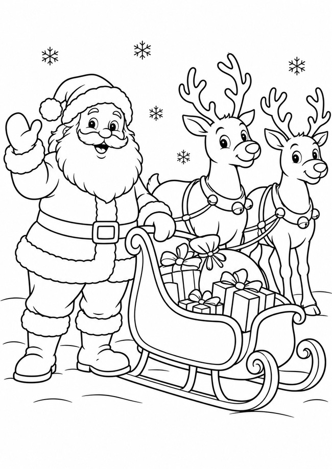 Ausmalbild Weihnachtsmann am Rentierschlitten