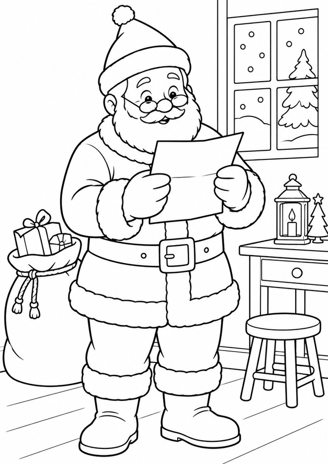 Ausmalbild Weihnachtsmann liest Brief