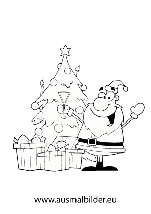 Ausmalbild Weihnachtsmann mit Geschenken und Baum