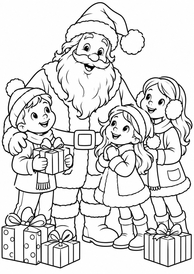 Ausmalbild Weihnachtsmann mit Kindergruppe