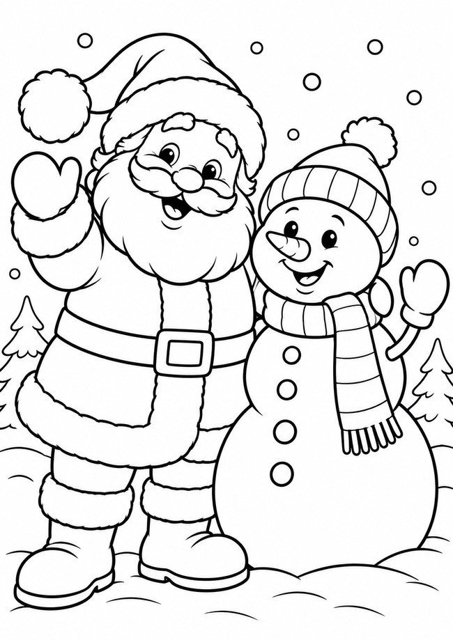 Ausmalbild Weihnachtsmann mit Schneemann