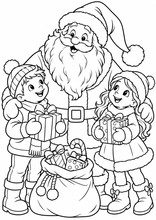 Ausmalbild Weihnachtsmann mit zwei Kindern
