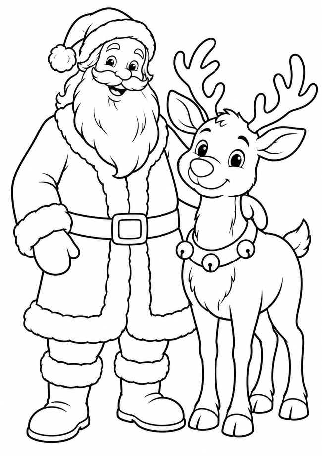 Ausmalbild Weihnachtsmann neben Rentier