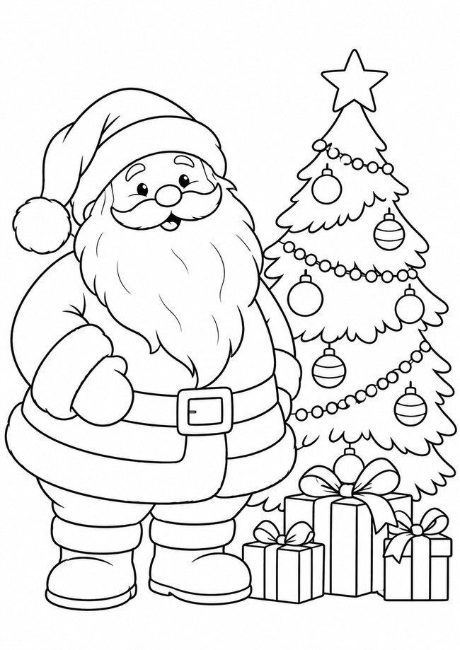 Ausmalbild Weihnachtsmann neben Tannenbaum