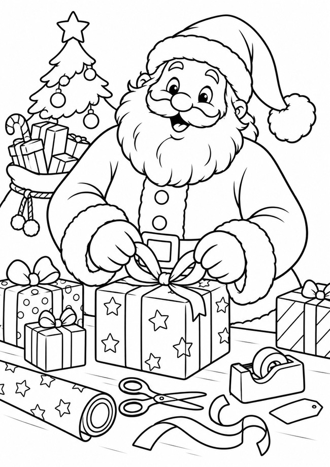 Ausmalbild Weihnachtsmann packt Geschenke