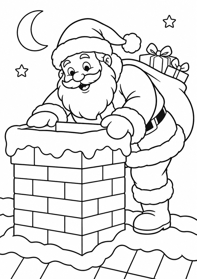 Ausmalbild Weihnachtsmann schaut in Schornstein