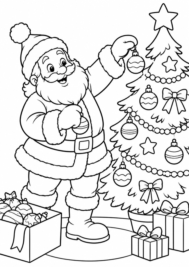 Ausmalbild Weihnachtsmann schmückt Baum