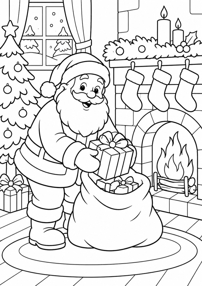 Ausmalbild Weihnachtsmann vor Kamin