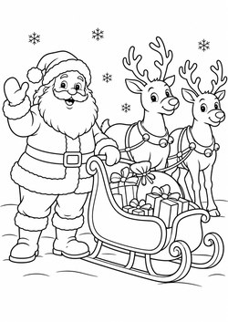 Ausmalbild Weihnachtsmann am Rentierschlitten