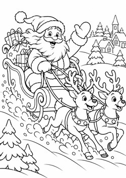 Ausmalbild Weihnachtsmann im Rentierschlitten