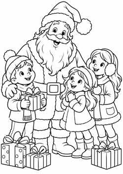 Ausmalbild Weihnachtsmann mit Kindergruppe