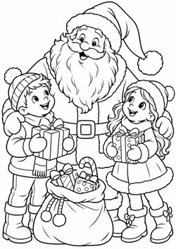Ausmalbild Weihnachtsmann mit zwei Kindern