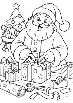 Ausmalbild Weihnachtsmann packt Geschenke