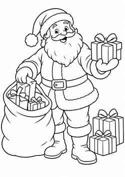 Ausmalbild Weihnachtsmann verteilt Geschenke
