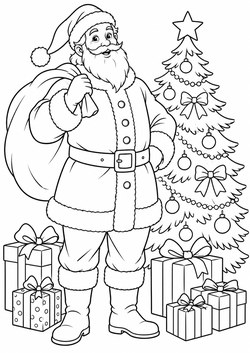 Ausmalbild Weihnachtsmann vor Christbaum