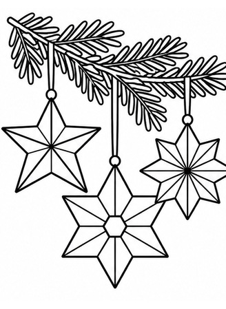 Ausmalbild Drei Weihnachtssterne am Tannenzweig