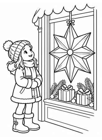 Ausmalbild Mädchen betrachtet Weihnachtsstern im Schaufenster