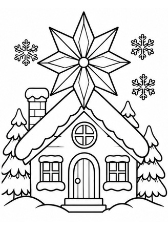 Ausmalbild Verschneites Haus mit Weihnachtsstern