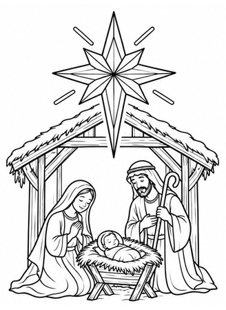 Ausmalbild Weihnachtskrippe mit Stern von Bethlehem