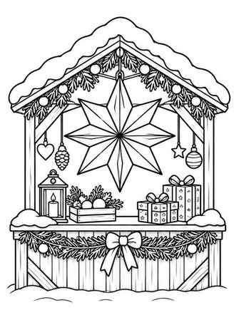 Ausmalbild Weihnachtsmarktstand mit Papierstern