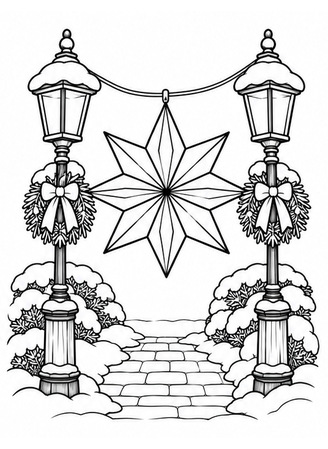 Ausmalbild Weihnachtsstern zwischen Strassenlaternen