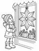 Ausmalbild Mädchen betrachtet Weihnachtsstern im Schaufenster