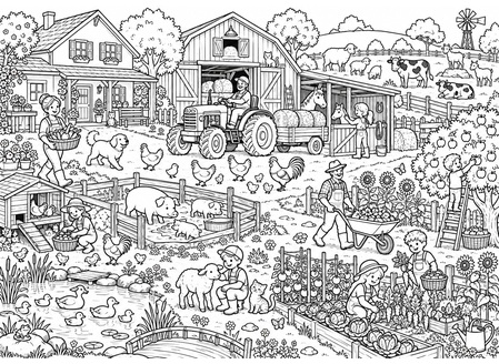 Ausmalbild Wimmelbild Bauernhof