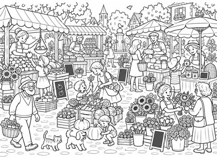 Ausmalbild Wimmelbild Bauernmarkt