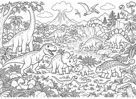 Ausmalbild Wimmelbild Dinosaurier