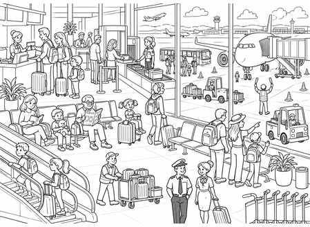 Ausmalbild Wimmelbild Flughafen