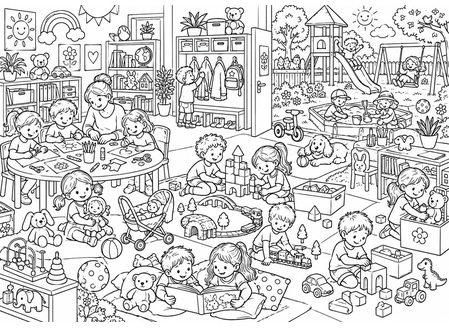Ausmalbild Wimmelbild Kindergarten