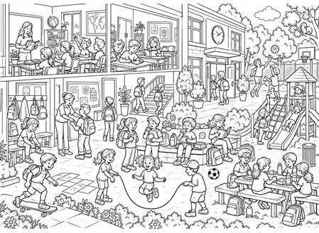 Ausmalbild Wimmelbild Schule