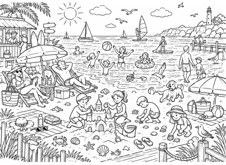 Ausmalbild Wimmelbild Sommer am Strand