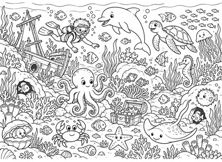 Ausmalbild Wimmelbild Unterwasserwelt