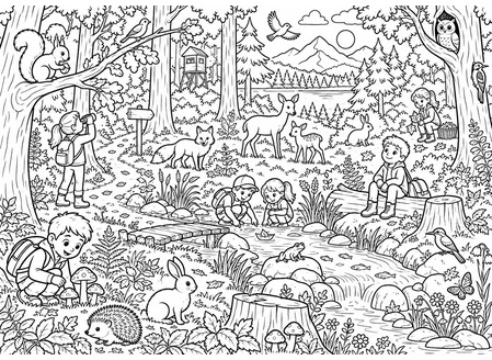 Ausmalbild Wimmelbild Wald