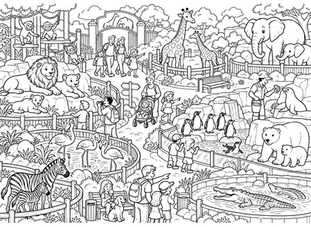 Ausmalbild Wimmelbild Zoo