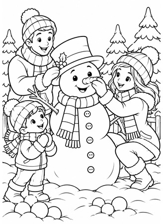 Ausmalbild Familie baut einen Schneemann