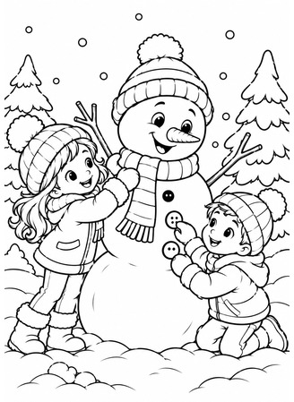 Ausmalbild Geschwister schmücken einen Schneemann