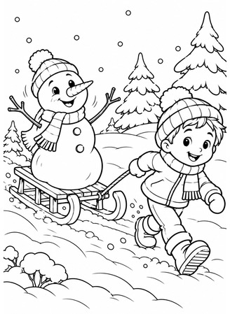 Ausmalbild Schneemann auf Schlitten wird von Kind gezogen