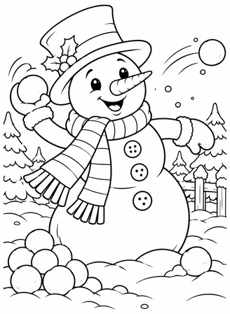 Ausmalbild Schneemann beim Schneeballwerfen